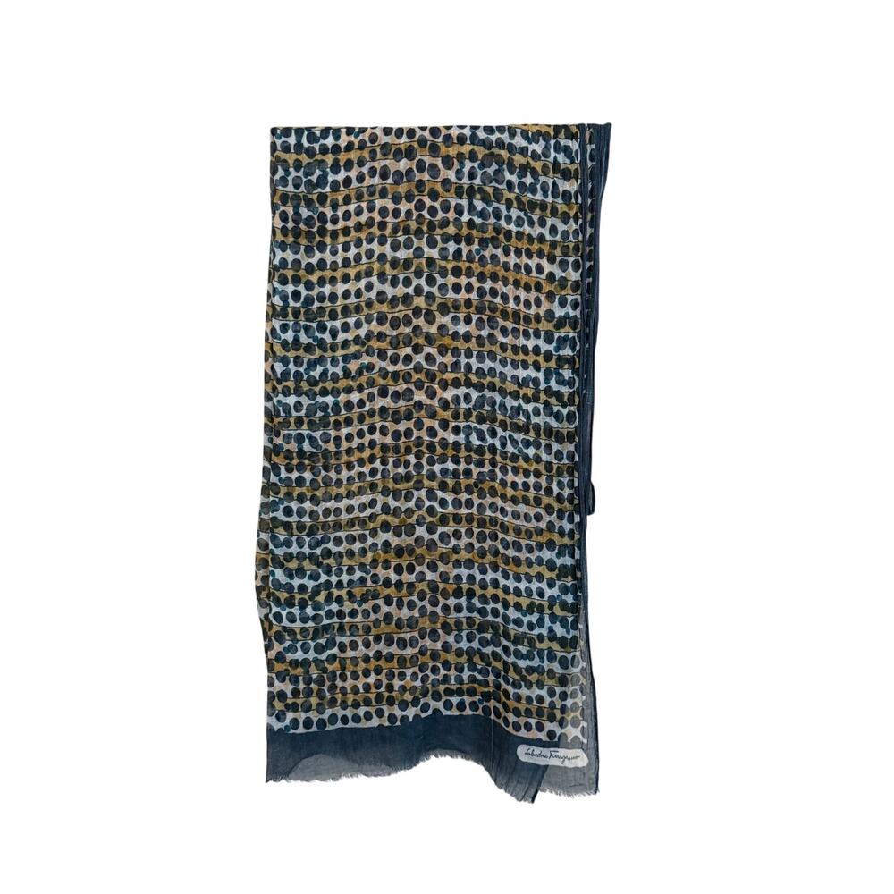 Salvatore Ferragamo Scarf OS Blue Tan Polka Dot Print Sheer Fringed Luxury